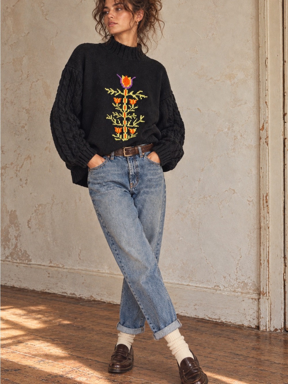 Vintage Sweet Baby Jane Floral Embroidered Cable Knit Sweater Est. L